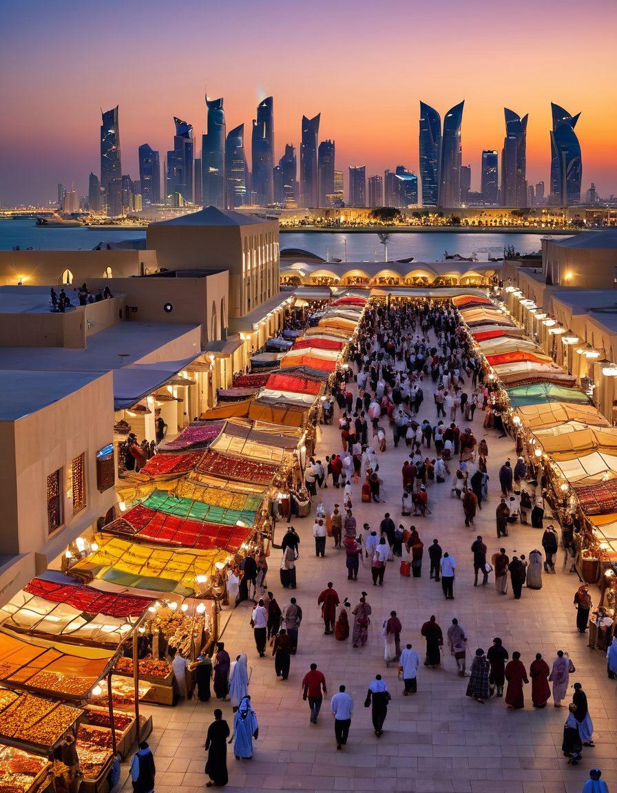 A vibrant market scene in Qatar showcasing traditional architecture and bustling stalls filled with local spices, textiles, and street food. In the foreground, a group of diverse travelers savoring Qatari dishes, with cultural performances happening nearby. The backdrop features the iconic skyline of Doha under a breathtaking sunset. super-realistic. vibrant colors. white background.