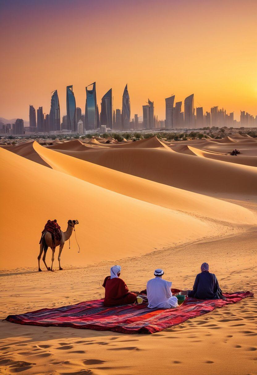 A vibrant desert landscape of Qatar featuring adventurous activities like dune bashing and camel riding, with a backdrop of the stunning skyline of Doha. Include local cultural elements like traditional Qatari architecture and people enjoying a sunset picnic. Capture the essence of thrill and discovery in a lively atmosphere. super-realistic. vibrant colors. 3D.