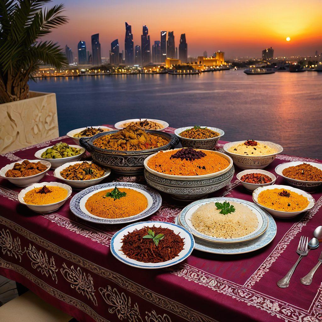 A vibrant collection of traditional Qatari dishes displayed on a beautifully embroidered tablecloth. Incorporate elements of the Gulf's spices, fresh herbs, and unique utensils to enhance the culinary experience. Include a mesmerizing backdrop of Doha's skyline at dusk to capture the essence of Qatar's hidden gems. The atmosphere should evoke warmth and hospitality. super-realistic. vibrant colors. 3D.